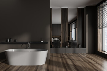Fototapeta na wymiar Brown hotel studio interior with tub, sink and panoramic window. Mockup wall