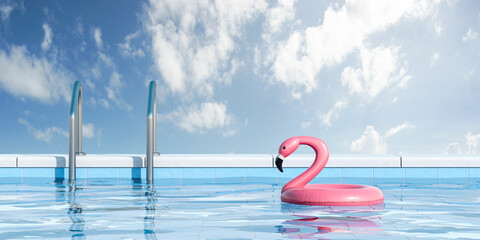 Flamingo swim ring float in a pool, sky with clouds
