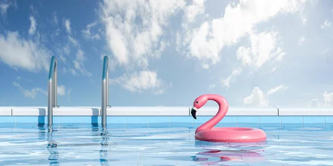 Foto auf Acrylglas Antireflex Flamingo swim ring float in a pool, sky with clouds © ImageFlow