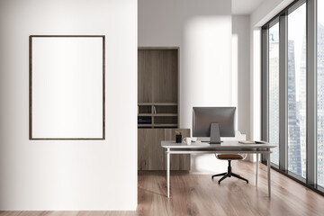 Light business interior with workspace and panoramic window. Copy space