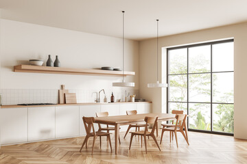 Light kitchen interior with eating table on wooden floor, panoramic window