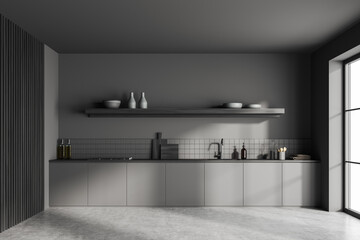 Front view on dark kitchen room interior with panoramic window,