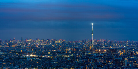 Fototapeta na wymiar Greater Tokyo area night view with illuminated Tokyo Skytree at night.