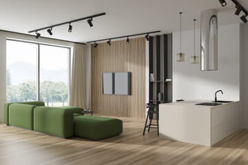 Stylish studio interior with relax and cooking area, tv set and panoramic window