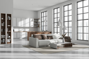 Fototapeta na wymiar Cozy studio interior with relax and dining place, panoramic window