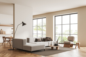 Naklejka na ściany i meble Cozy studio interior with lounge and cooking zone, panoramic window