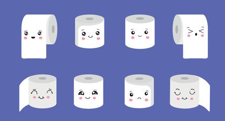 Set of toilet paper rolls in different positions. Toilet and bathroom element. Hygiene and sanitation. Vector toilet paper emoji set. Funny cartoon emoticons.