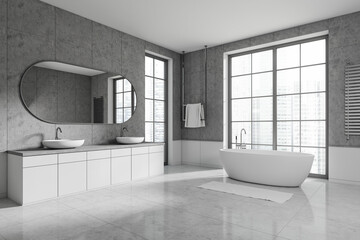 Naklejka na ściany i meble Light bathroom interior with tub and double sink with mirror, panoramic window
