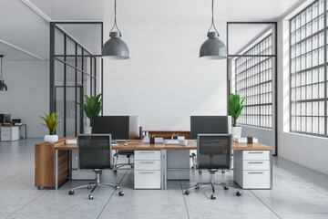 Light office interior with pc computer on desk and panoramic window. Mockup wall