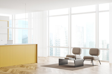 Light office interior with relax area and reception desk, panoramic window