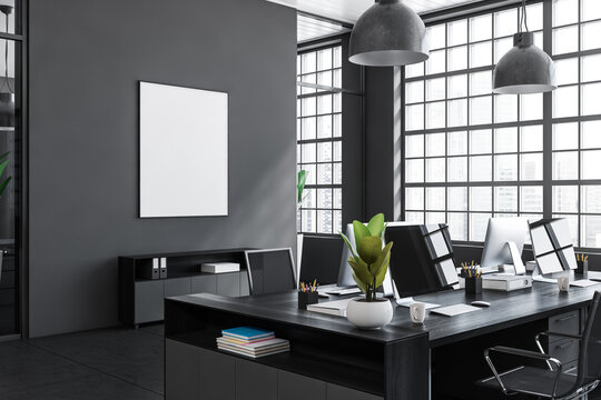 Grey office interior with pc computer, panoramic window. Mockup frame