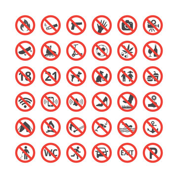 Red prohibition vector icon set. Prohibition or warning sign set.