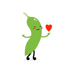Cute cartoon style edamame, green soy beans character holding red heart in hand, symbol of love and appreciation.
