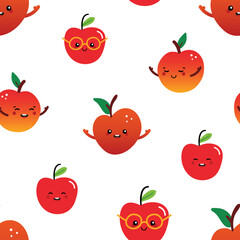 Variety of cute cartoon style apple characters vector seamless pattern background for food and nature design.