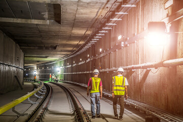 Soft focus and blurred lighting background of focus at engineer or technician control. Underground tunnel infrastructure. Transport pipeline by Tunnel Boring Machine for electric train subway - obrazy, fototapety, plakaty