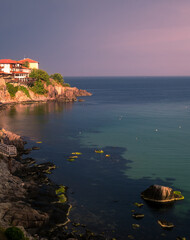 evening sky lights up coastal resort Sozopol. Black sea Bulgaria