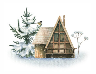Watercolor illustration of a wooden, forest house surrounded by fir trees in the snow. New Year illustration isolated on white background