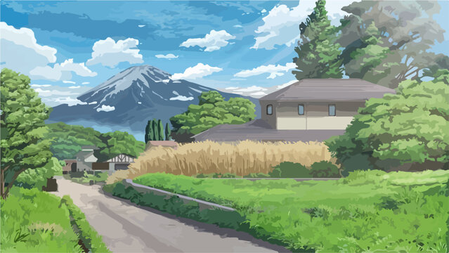 a view of a country house, with a natural panorama of mountains and hills, suitable for poster and painting designs