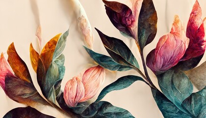 Flowers in a watercolor style. Drawn on a textured background in pastel colors, fit the photo wallpaper into rooms or home interiors. 3D render.