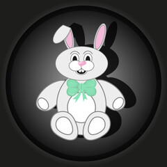 Cut out paper picture with rabbit with beautiful green bow on black background. Bunny toy for children shop. Christmas concept. Symbol of 2023 new year.