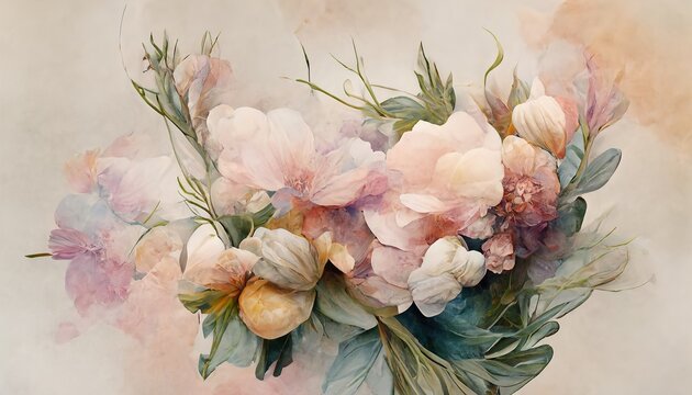 Flowers in a watercolor style. Drawn on a textured background in pastel colors, fit the photo wallpaper into rooms or home interiors. 3D render.