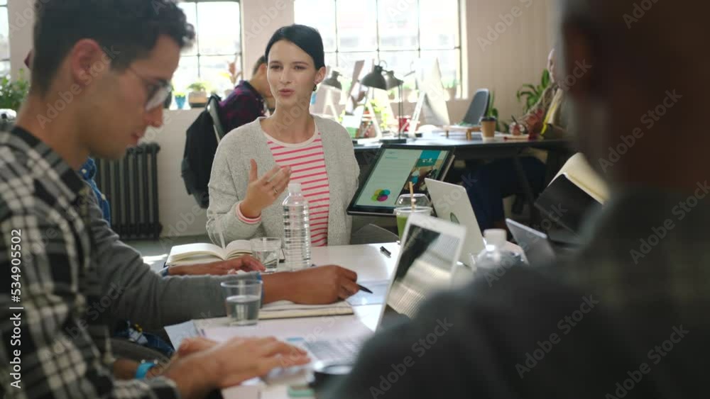 Poster Creative business team in a marketing meeting with digital tablet, laptop and notebook in office. Group of inclusive staff planning web design strategy with graphs, charts and data on technology.