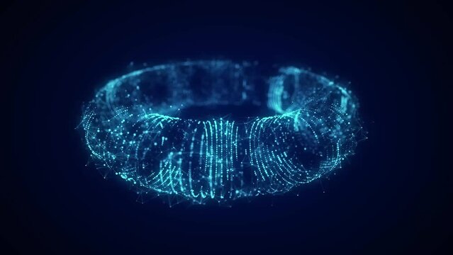 Futuristic dynamic wireframe torus on a blue background. The flow of scientific data. Futuristic digital technology. 3D rendering.	