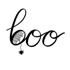 The boo inscription is handwritten with a spider web and a small spider. Vector