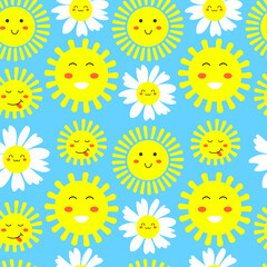 Fototapeta na wymiar Cute cartoon sun and camomile flower character with kawaii face. Simple doodle yellow mascot isolated on blue background. Flat hand drawn illustration.