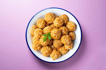 Pine nut penelles. Traditional autumn recipe for desserts made with marzipan in Barcelona