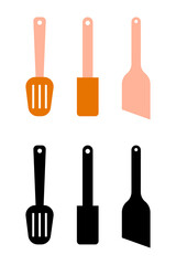 Kitchen utensil icon set isolated on white background. Cooking spatula heat. Chef cookware shovel flat silhouette collection.