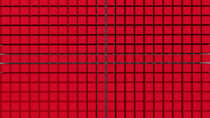 Top view auf zahlreiche kleine rote Würfel die nebeneinanderstehend eine Fläche bilden als Hintergrund  - obrazy, fototapety, plakaty