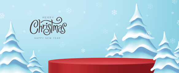 Merry Christmas banner with product display cylindrical shape and christmas tree landscape