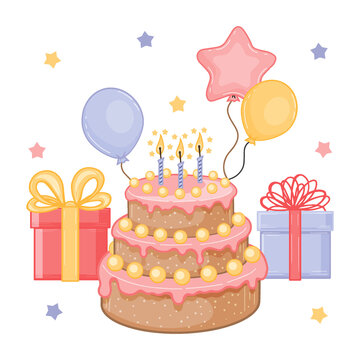 Happy birthday greeting card with festive elements. Cake, balloon, gift box. Vector illustration. Cartoon style.