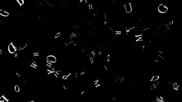 4k Animated background with white alphabet letters on black. Seamless loop