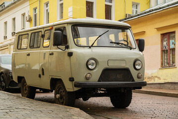 retro uaz bus nicknamed bukhanka parked in the street