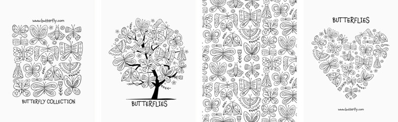 Butterflies collection - frame, tree, backdrop, heart shape. Concept art for your project. Creative template for cards, banner, social media, print promotional materials. Vector illustration