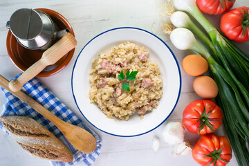 Catalan butifarra sausage risotto with parmesan. Mixed Spanish and Italian recipe.