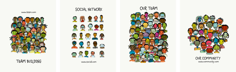 Group of people, community. Social network. Holy holiday, colorful faces. Set for your design project - cards, banners, poster, web, print, social media, promotional materials. Vector illustration
