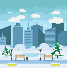 Beautiful winter landscape of a modern city. Vector illustration.