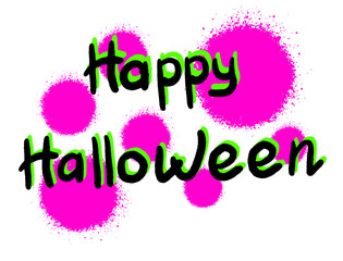 Happy Halloween lettering with bright pink neon spots for greeting card. Doodle and street graffiti style.