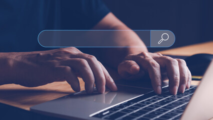 Man searching information in internet web browsing box. Internet online data information searching...