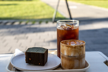 iced latte coffee and pound cake