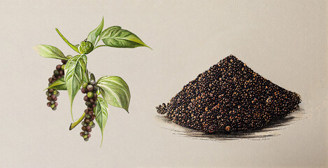 Black Pepper (Piper Nigrum). Botanical illustration on white paper. The best medicinal plants, their effects and contraindications. Natural medicine. Plant properties.