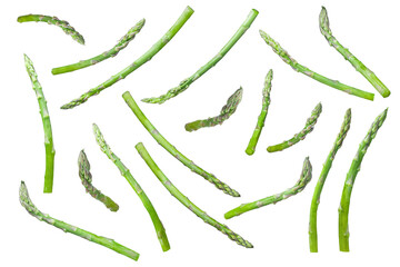 Fresh ripe green asparagus flying and falling isolated on white background. 