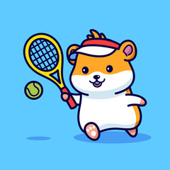 Cute hamster playing tennis cartoon illustration
