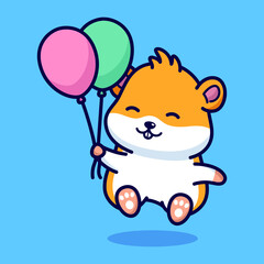 Cute hamster holding balloons cartoon illustration