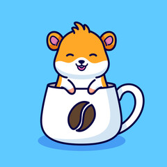 Cute hamster in coffee cup cartoon illustration