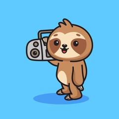 Obraz premium Cute sloth lifting boombox illustration