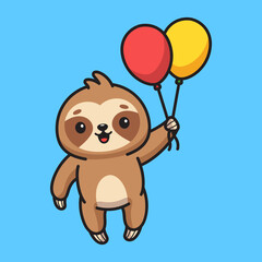 Cute sloth flying with balloons illustration